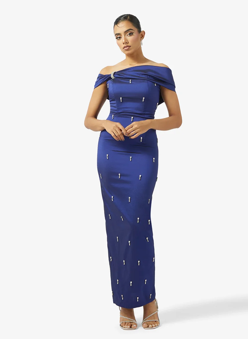 Akadia Fashion OFF SHOULDER SCATTERED CRYSTALS TAFFETA DRESS